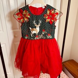 Taylor Red and Green Deer Embroidered Tulle Dress